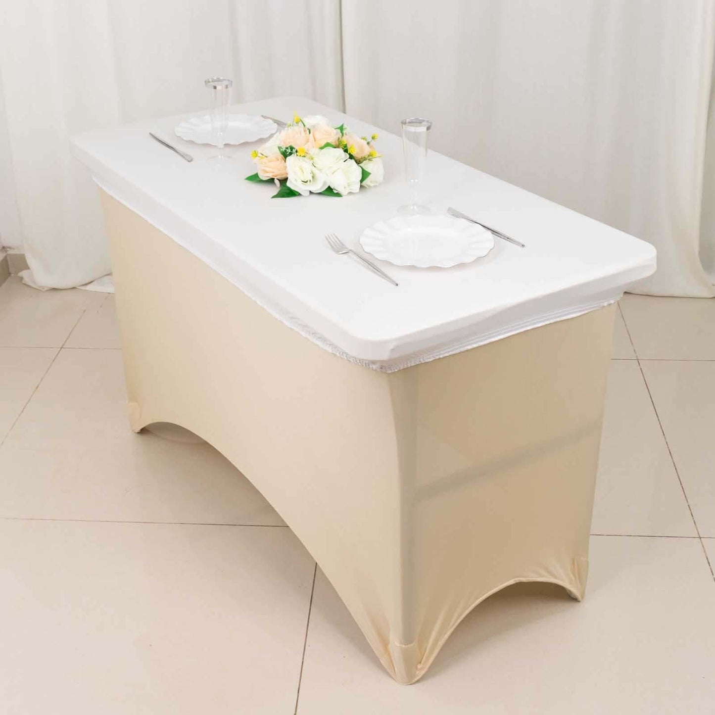 Stretch Spandex 48"x30" Rectangle Tablecloth Top Cover White - Durable Form-Fitting Table Cover for Events & Presentations