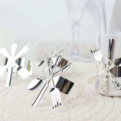 4 Pack Silver Metal Fork Knife Spoon Design Napkin Rings - Utensil Themed Napkin Holders