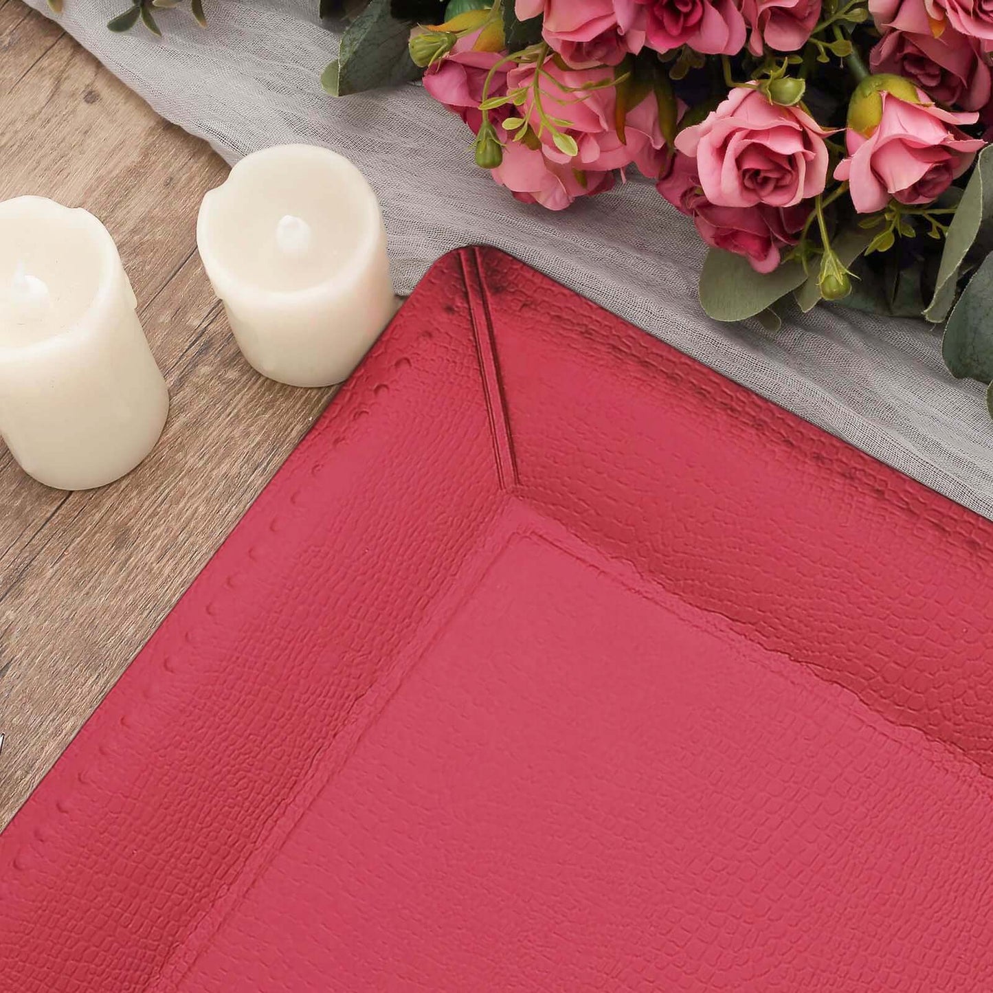 10-Pack Disposable Square Charger Plates in Burgundy with Leather Like Texture - 1100GSM Durable Paper Chargers 13"