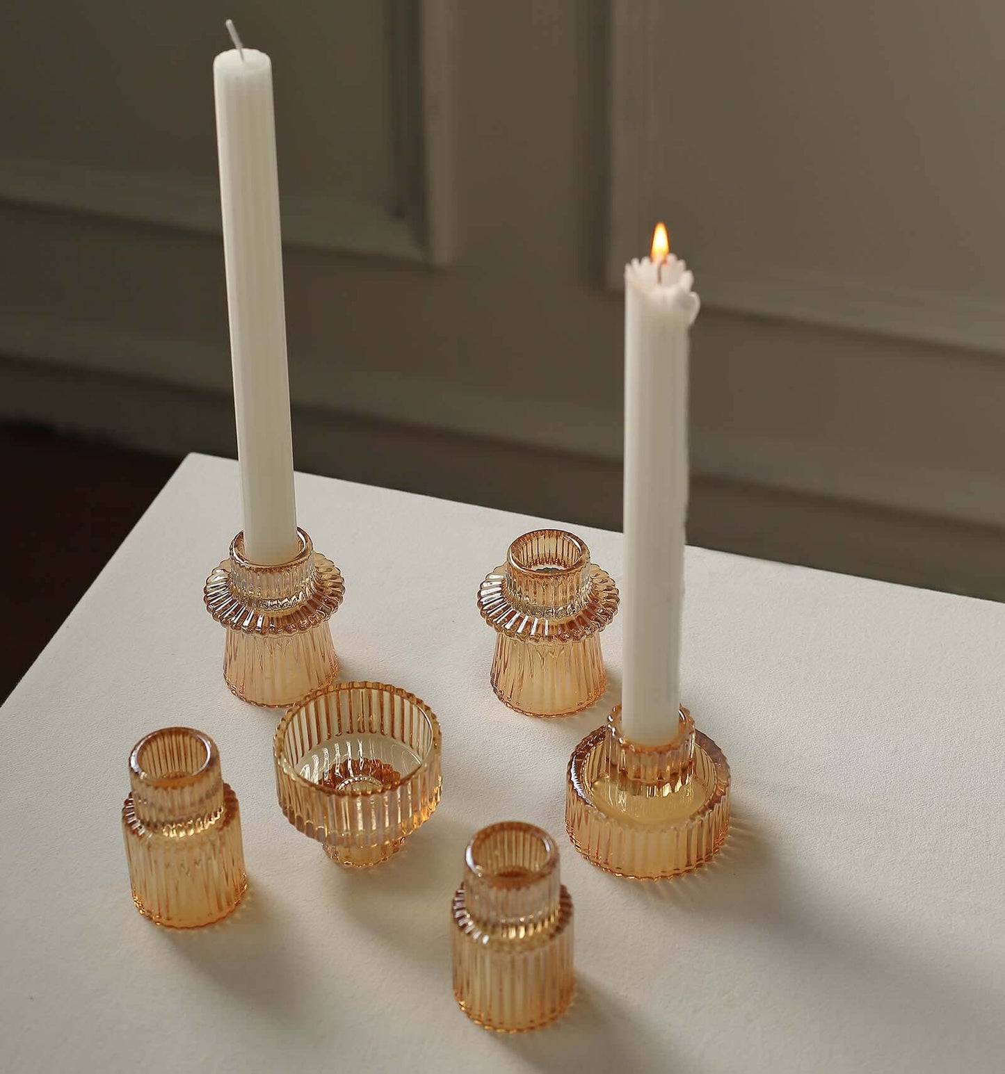 Set of 6 Glass Taper Candle Holders Ribbed Crystal Design Amber Gold - Reversible Mini Votive Tealight Stands 3"