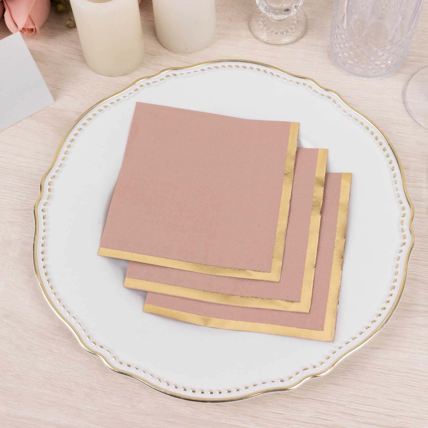 50-Pack Paper Beverage Napkins Dusty Rose with Gold Foil Edge - 2 Ply Disposable Soft 18GSM Cocktail Napkins 5"x5"