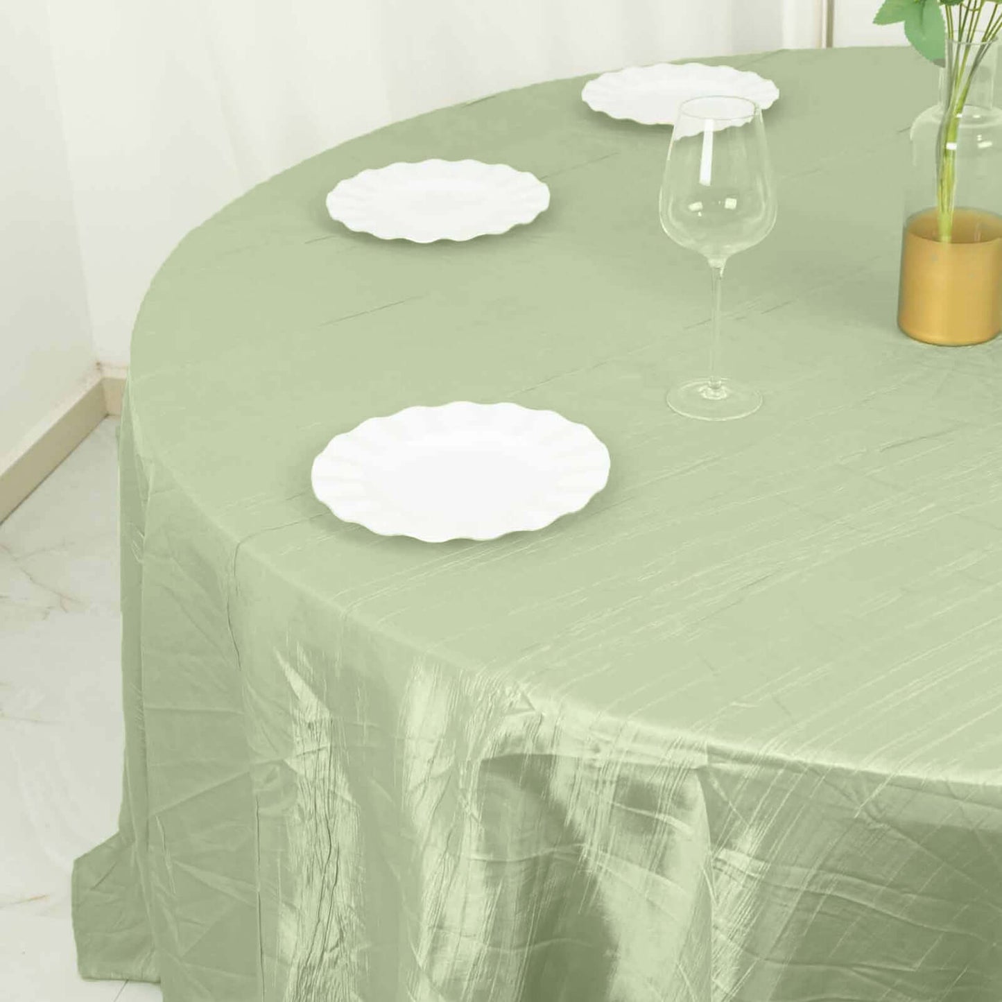 Taffeta 132" Round Tablecloth Sage Green - Seamless Accordion Crinkle Table Cover