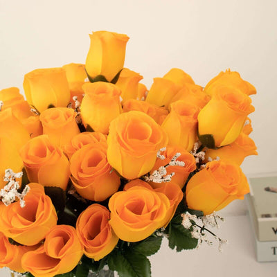 12 Bushes Orange Artificial Premium Silk Flower Rose Bud Bouquets