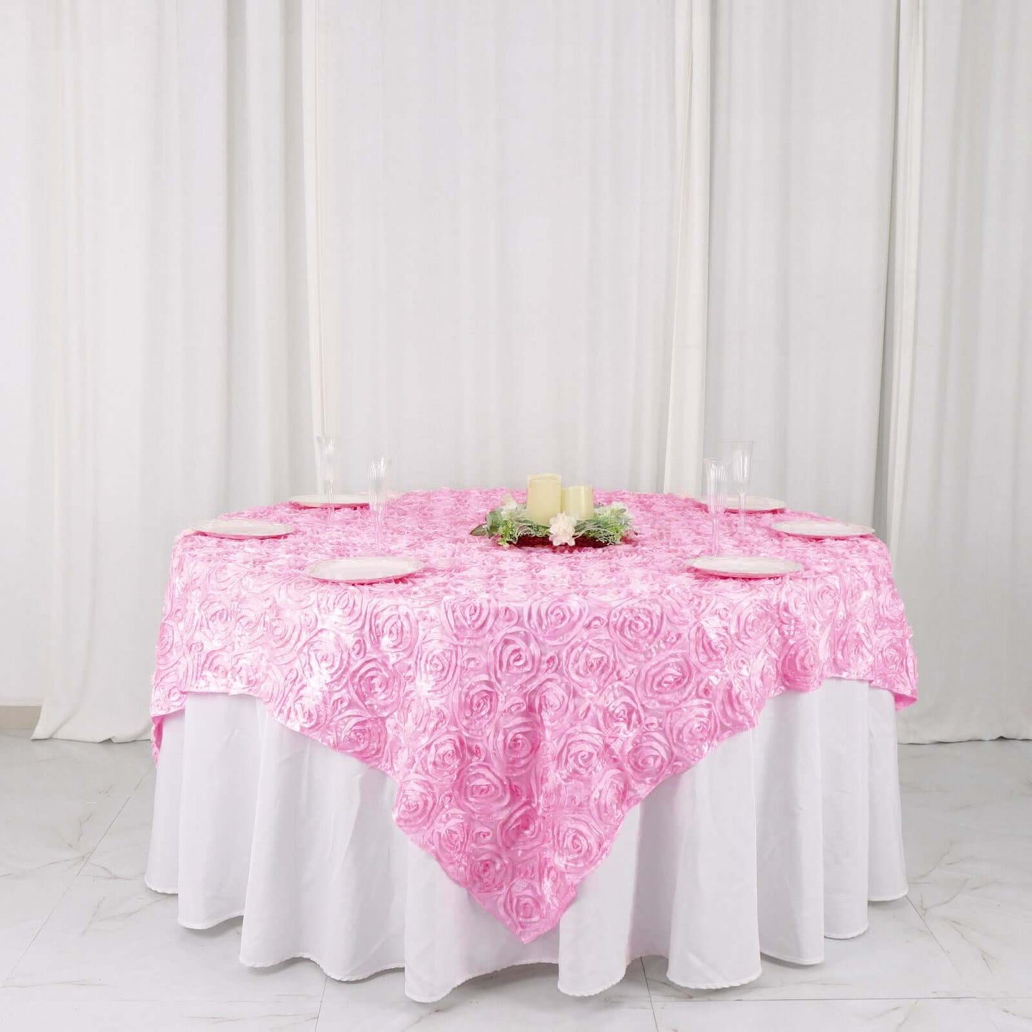 Satin 72"x72" Table Overlay Square Tablecloth Pink - 3D Rosette Table Cover