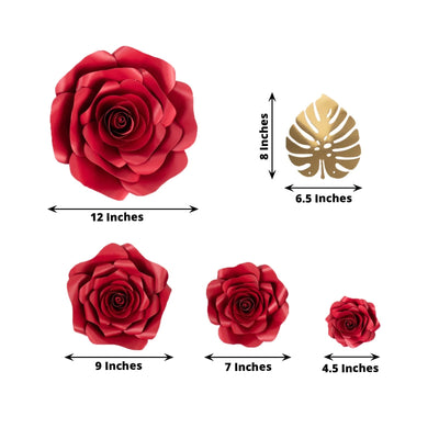 Set of 9 Red 3D Rose Paper Flowers with Gold Tropical Palm Leaves, Party Flower Backdrop Hanging Wall Decor