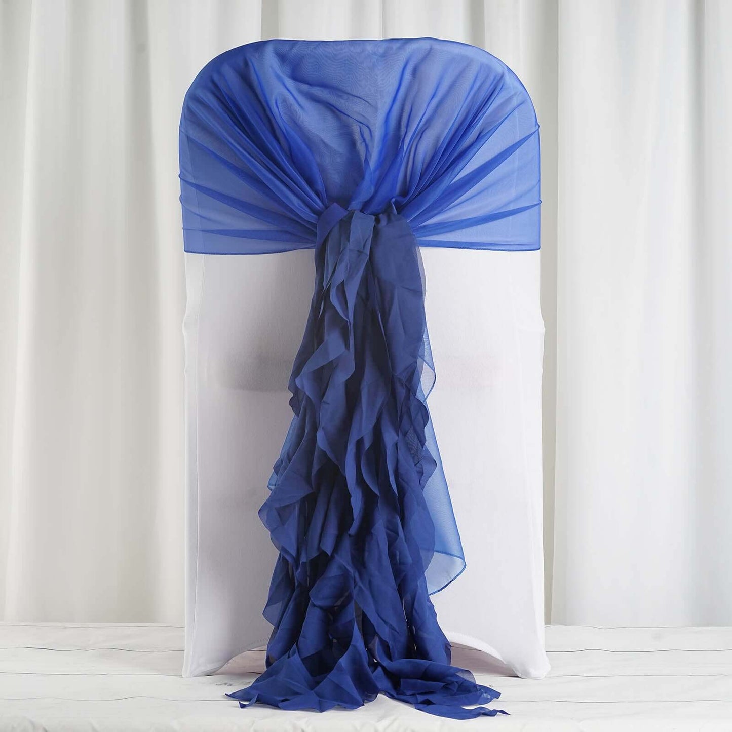 1 Set Chiffon Hoods Chair Sashes with Willow Ruffles Design Royal Blue - Stylish Chair Bow Decor