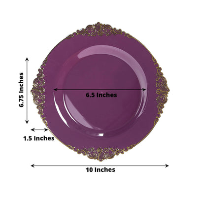 10-Pack Plastic 10" Round Dinner Plates in Purple with Gold Leaf Embossed Rim - Disposable Vintage Baroque Style Plates