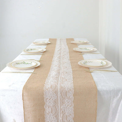Burlap Jute 14"x106" Table Runner Natural With White Middle Lace - Rustic Vintage Tabletop Decor