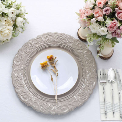 6-Pack Acrylic Round Charger Plates 14" in Taupe with Engraved Baroque Rim, Vintage Disposable Decorative Chargers