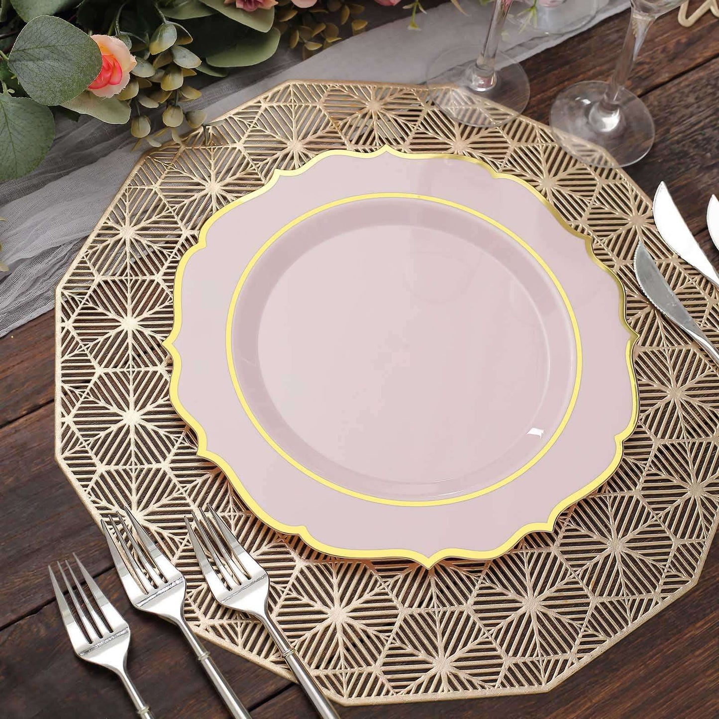 10-Pack Plastic 10" Round Dinner Plates in Blush with Gold Scalloped Rim - Disposable Party Plates