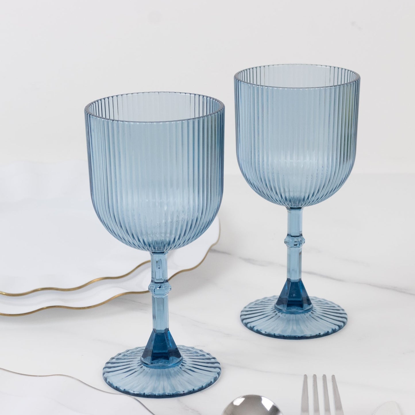 12-Pack Plastic Goblets Dusty Blue Vintage Ribbed Pattern - Reusable Shatterproof Glassware 9oz