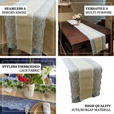 Burlap Jute 16"x108" Table Runner Natural With White Lace Edges - Rustic Vintage Tabletop Decor