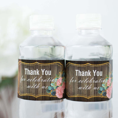 24 Pack Rustic Water Bottle Labels Wood Print with Gold Floral Frame "Thank You" Waterproof Bottle Stickers