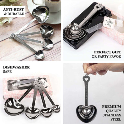 Set of 4 Engraved Silver Heart Measuring Spoon Wedding Party Favors Set, Free Gift Box & Thank You Tag Included