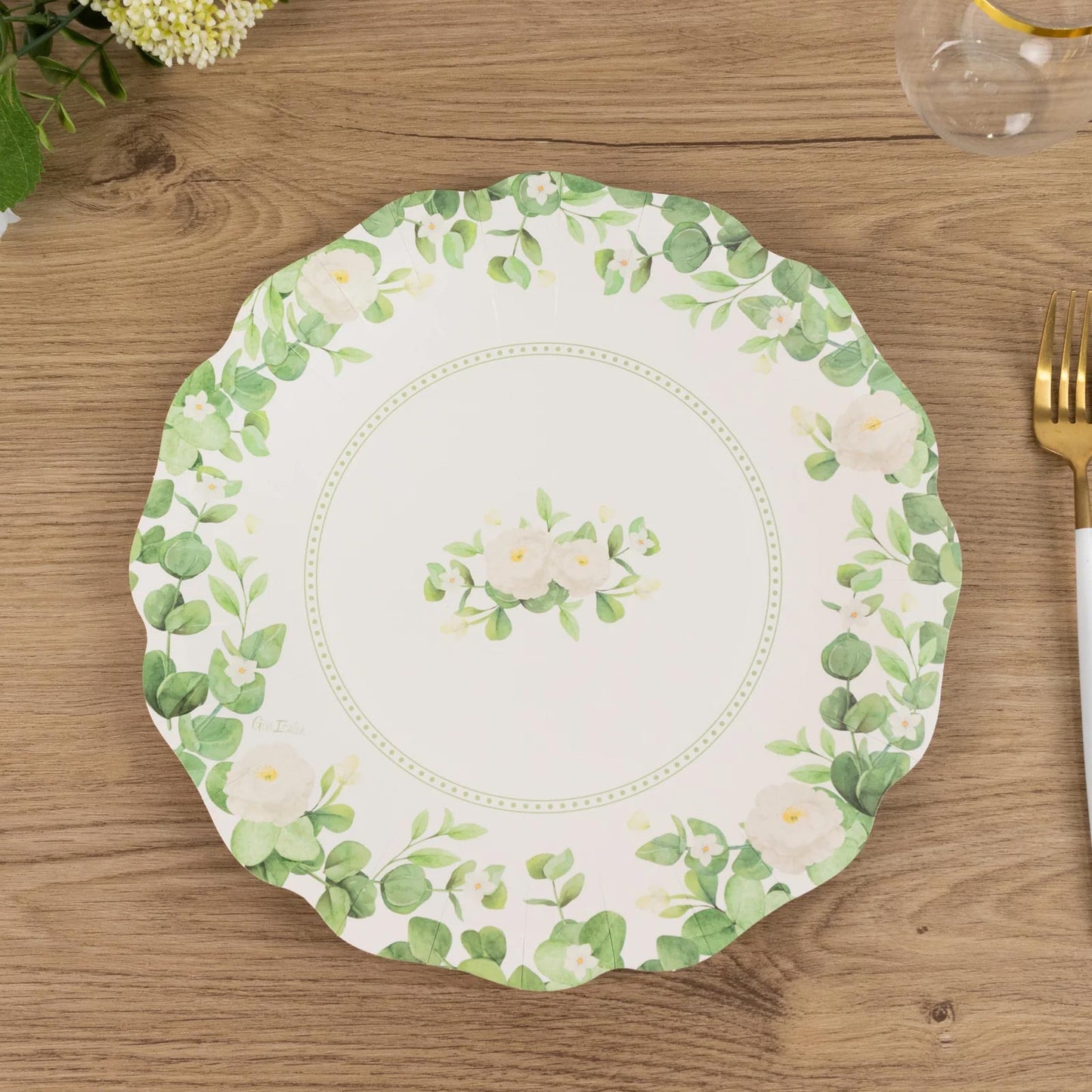 25-Pack Paper 11" Round Dinner Plates in White with Floral Greenery & Scalloped Edges - Disposable Party Plates for Nature-Inspired Events & Chic Celebrations