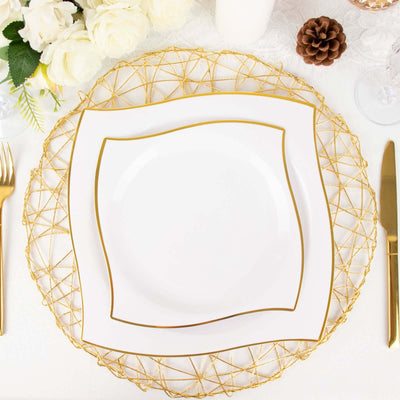 10-Pack Plastic 8" Square Dessert Plates in White with Gold Wavy Rim Modern - Disposable Salad Appetizer Party Plates for Luxe Events & Banquets