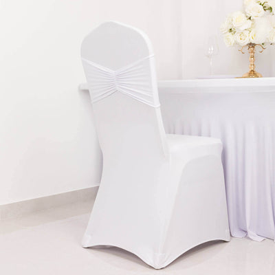 5 Pack Spandex Chair Sashes White Ruffled Style - Wide Easy to Use Stretch Chair Bands for Classy Wedding and Event Decor 8"x13"