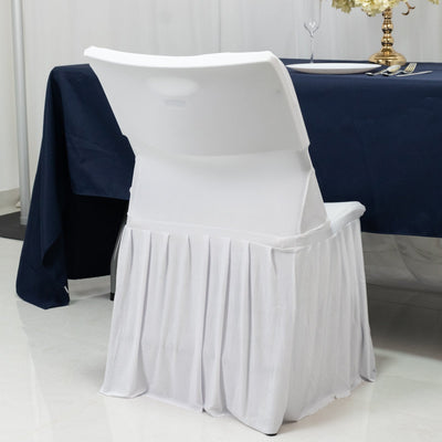 White Spandex Pleated Lifetime Folding Chair Cover – Stretch Slipcover with Floor-Length Skirt Also Fits Standard
