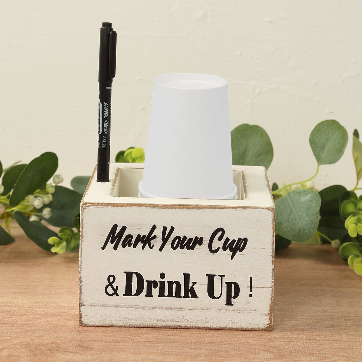 Rustic Wooden Solo Cup Holder Whitewashed with Black Marker - Farmhouse Party Dispenser Box 5.5"