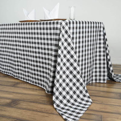 Polyester 90"x156" Rectangle Tablecloth White/Black - Seamless Checkered Buffalo Plaid Design for Rustic Occasions