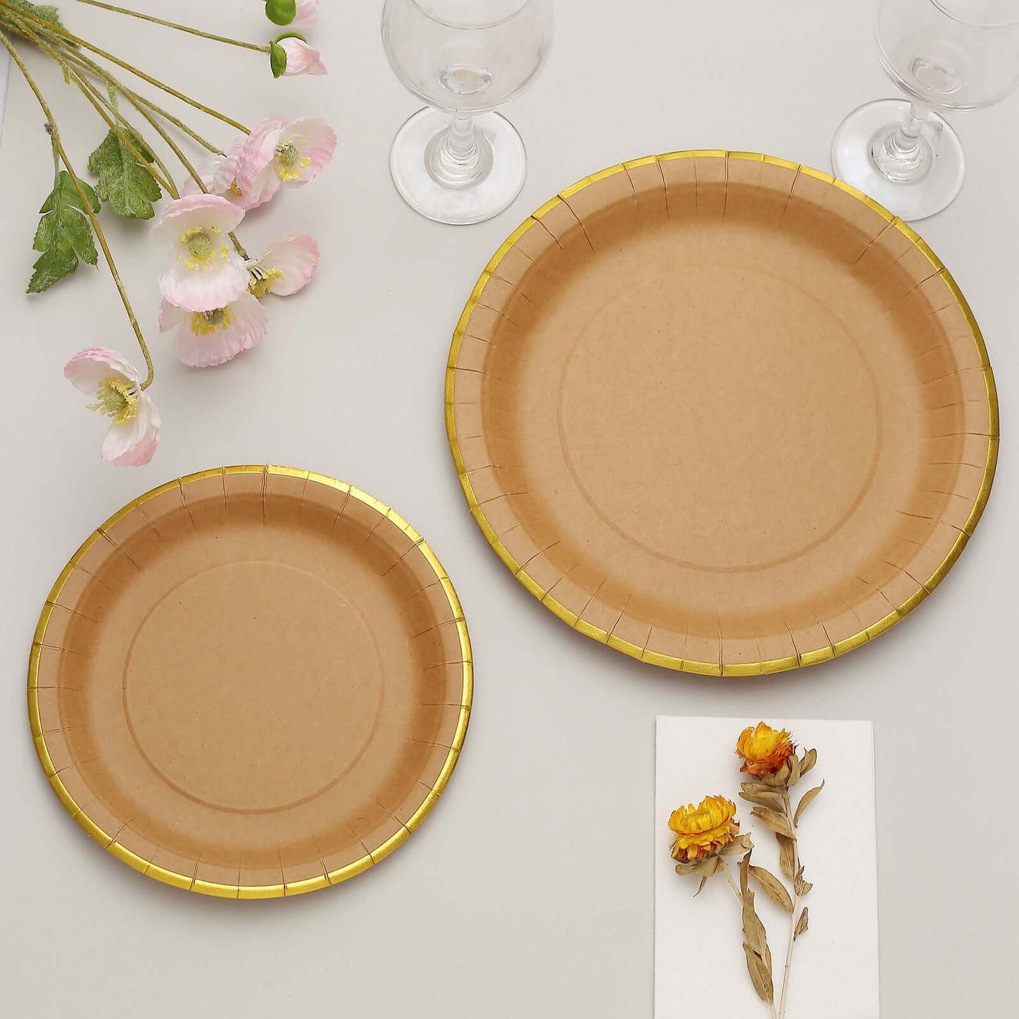 25-Pack Kraft Paper 10" Round Dinner Plates in Natural Brown with Gold Lined Rim - Disposable Party Plates for Rustic & Vintage Inspired Events