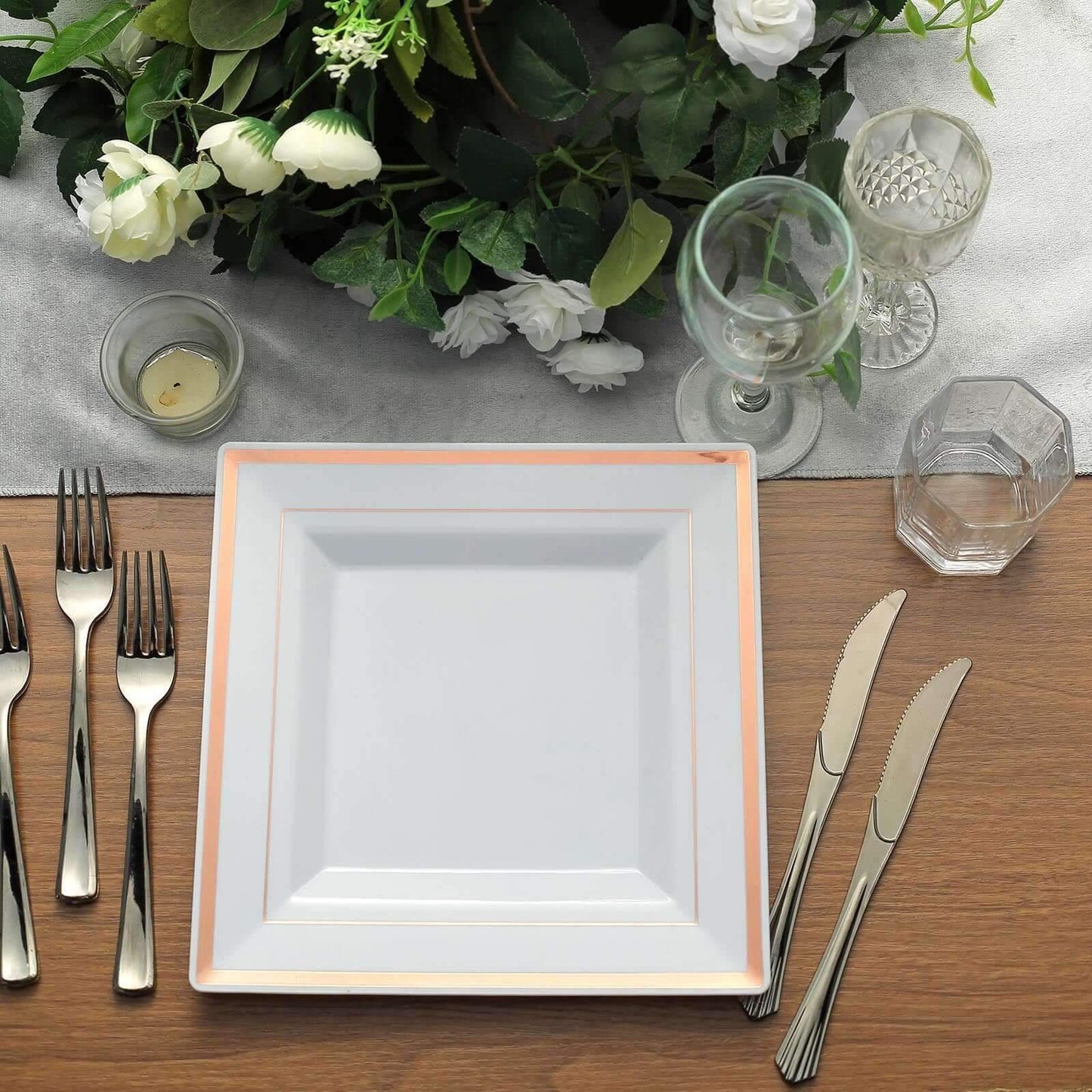 10-Pack Plastic Dinner Plates White Square with Rose Gold Trim - Lightweight Disposable Plates for Events 10"