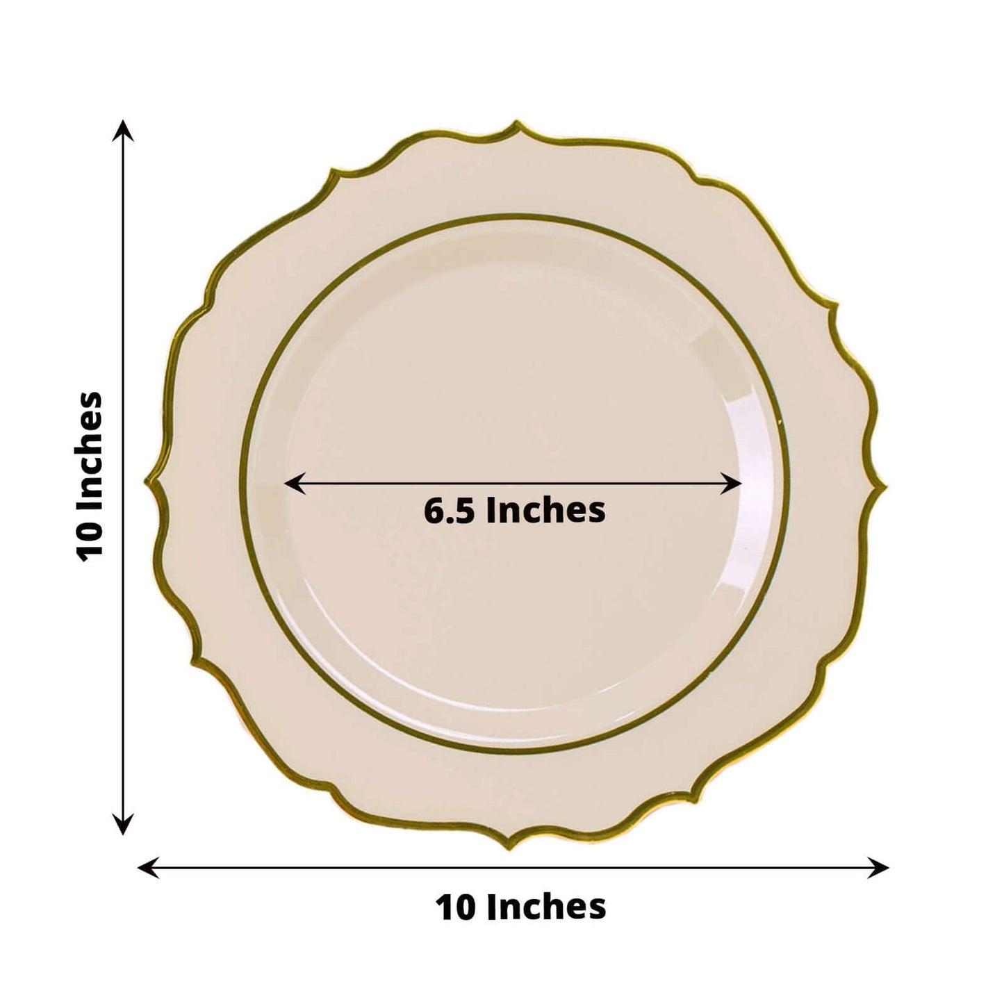 10-Pack Plastic 10" Round Dinner Plates in Taupe with Gold Scalloped Rim - Disposable Party Plates