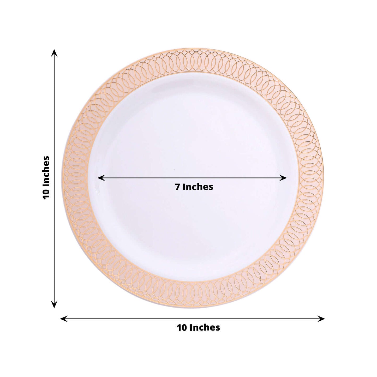 10-Pack Plastic Round Dinner Plates 10" White with Blush Rose Gold Spiral Rim - Chic Disposable Party Plates