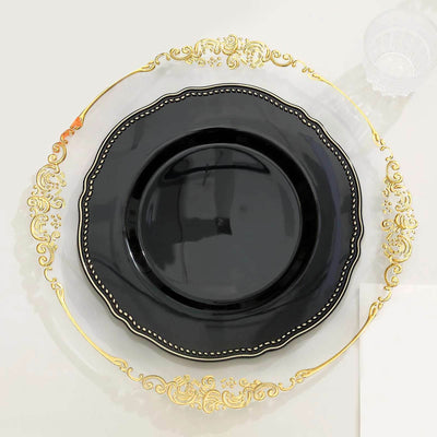 10-Pack Plastic 10" Dinner Plates in Black with Gold Scalloped Rim - Disposable Large Party Plates