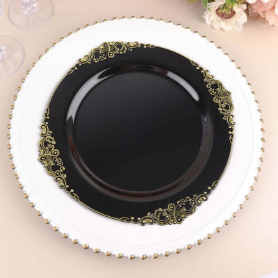 10-Pack Plastic 10" Round Dinner Plates in Black with Gold Leaf Embossed Rim - Disposable Vintage Baroque Style Plates for Luxurious Gatherings & Events