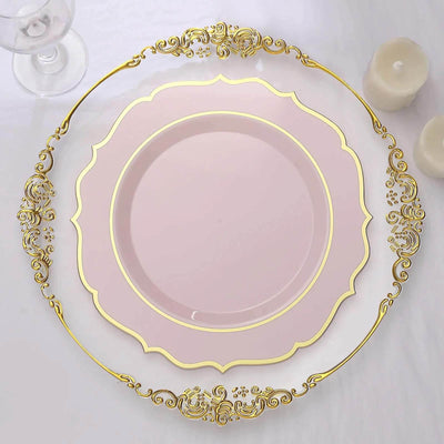 10-Pack Plastic 10" Round Dinner Plates in Blush with Gold Scalloped Rim - Disposable Party Plates
