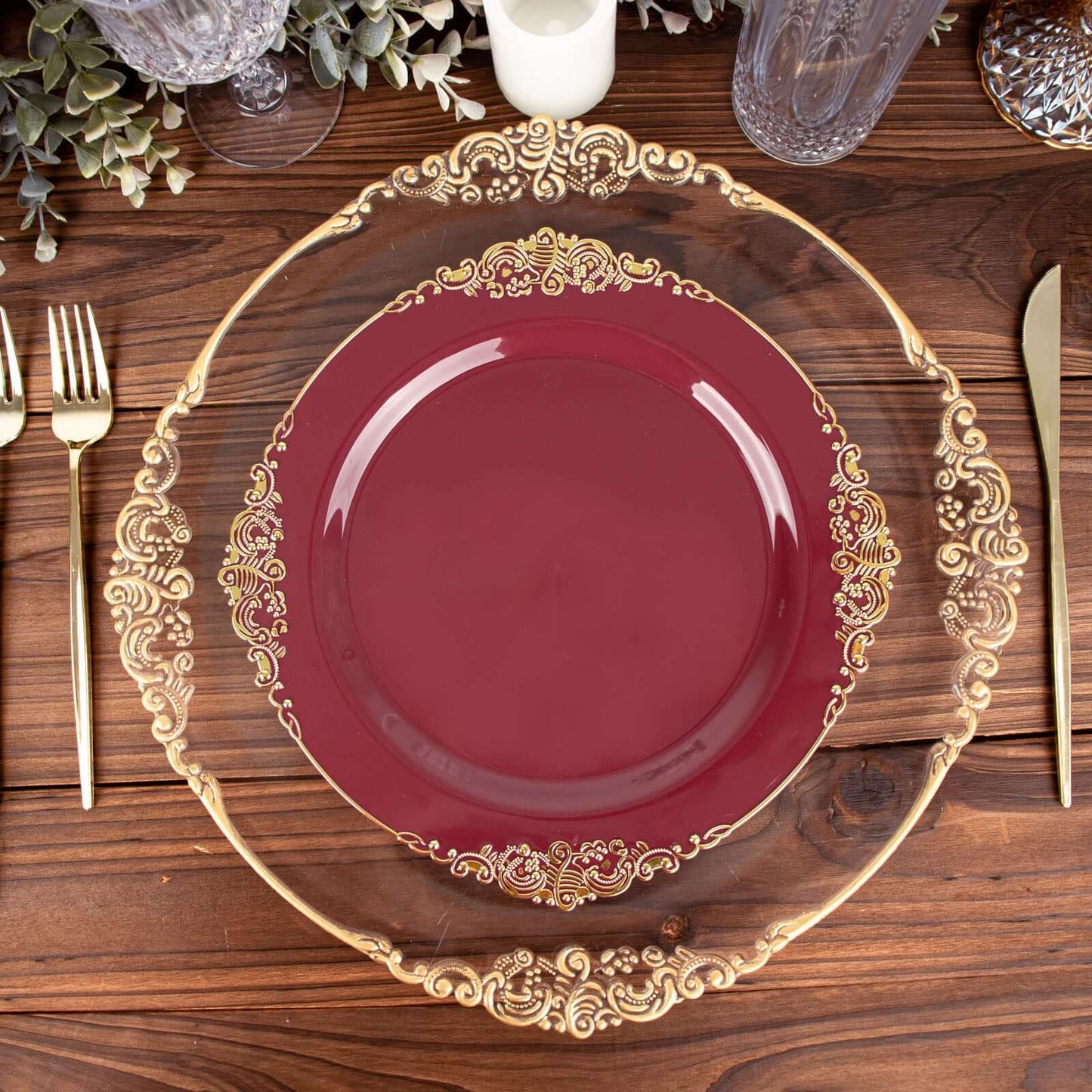 10-Pack Plastic 10" Round Dinner Plates in Burgundy with Gold Leaf Embossed Rim - Disposable Vintage Baroque Style Plates