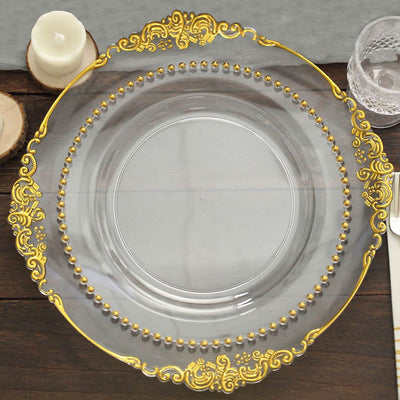 10-Pack Plastic 10" Round Dinner Plates in Clear with Gold Beaded Rim - Disposable Party Plates for Banquets & Festive Occasions