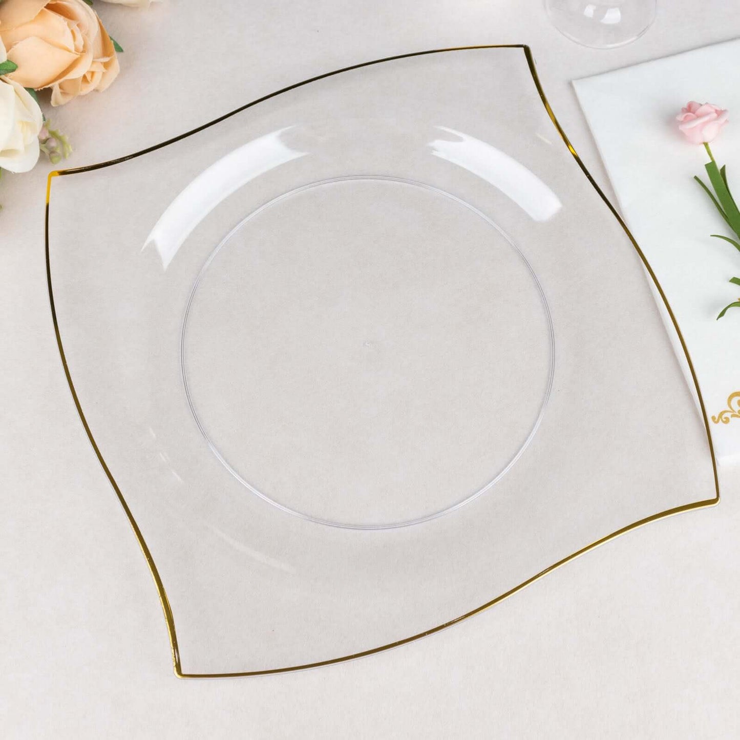 10-Pack Plastic 10" Square Dinner Plates in Clear with Gold Wavy Rim Modern - Disposable Party Plates