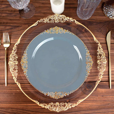10-Pack Plastic 10" Round Dinner Plates in Dusty Blue with Gold Leaf Embossed Rim - Disposable Vintage Baroque Style Plates