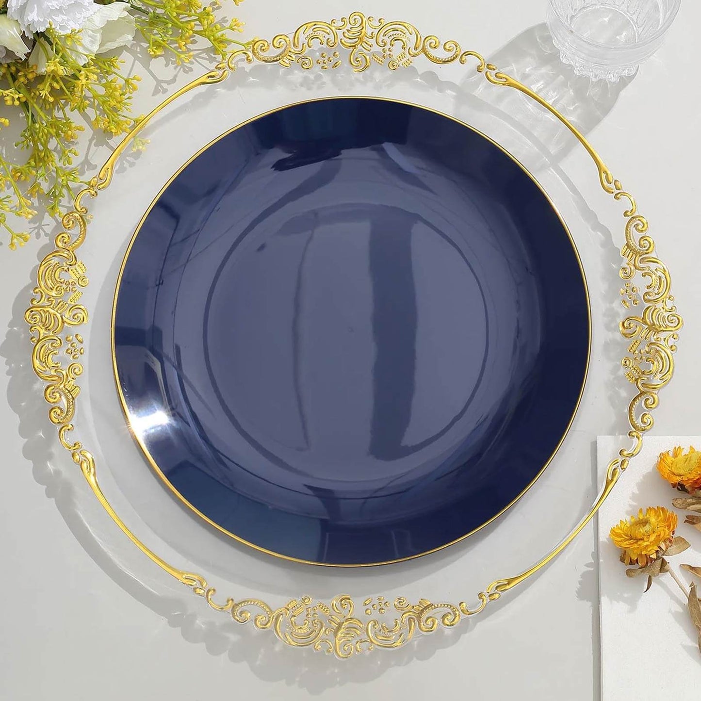 10-Pack Plastic 10" Round Dinner Plates in Navy Blue with Gold Rim - Glossy Disposable Party Plates