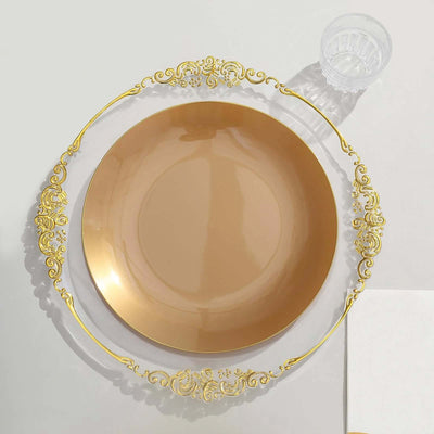 10-Pack Plastic 10" Round Dinner Plates in Gold with Gold Rim - Glossy Disposable Party Plates