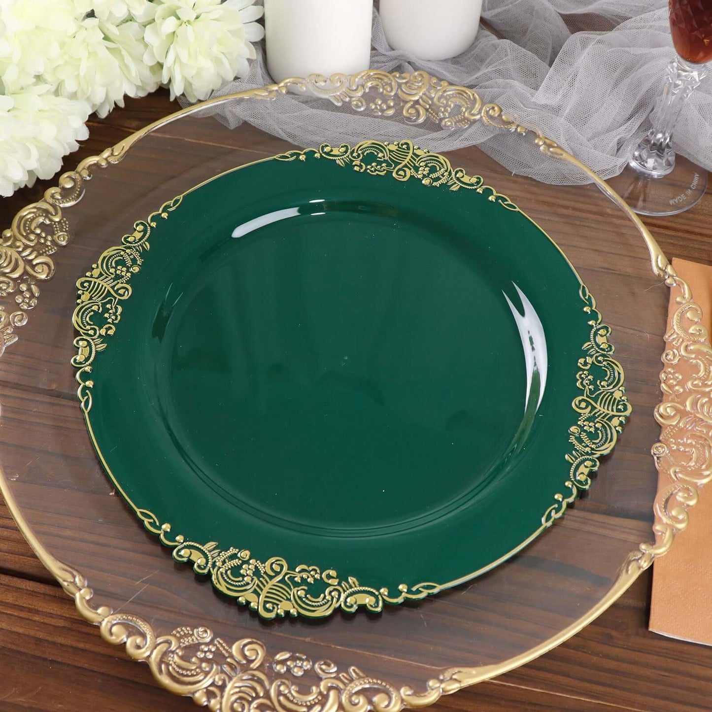 10-Pack Plastic 10" Round Dinner Plates in Hunter Emerald Green with Gold Leaf Embossed Rim - Disposable Vintage Baroque Style Plates