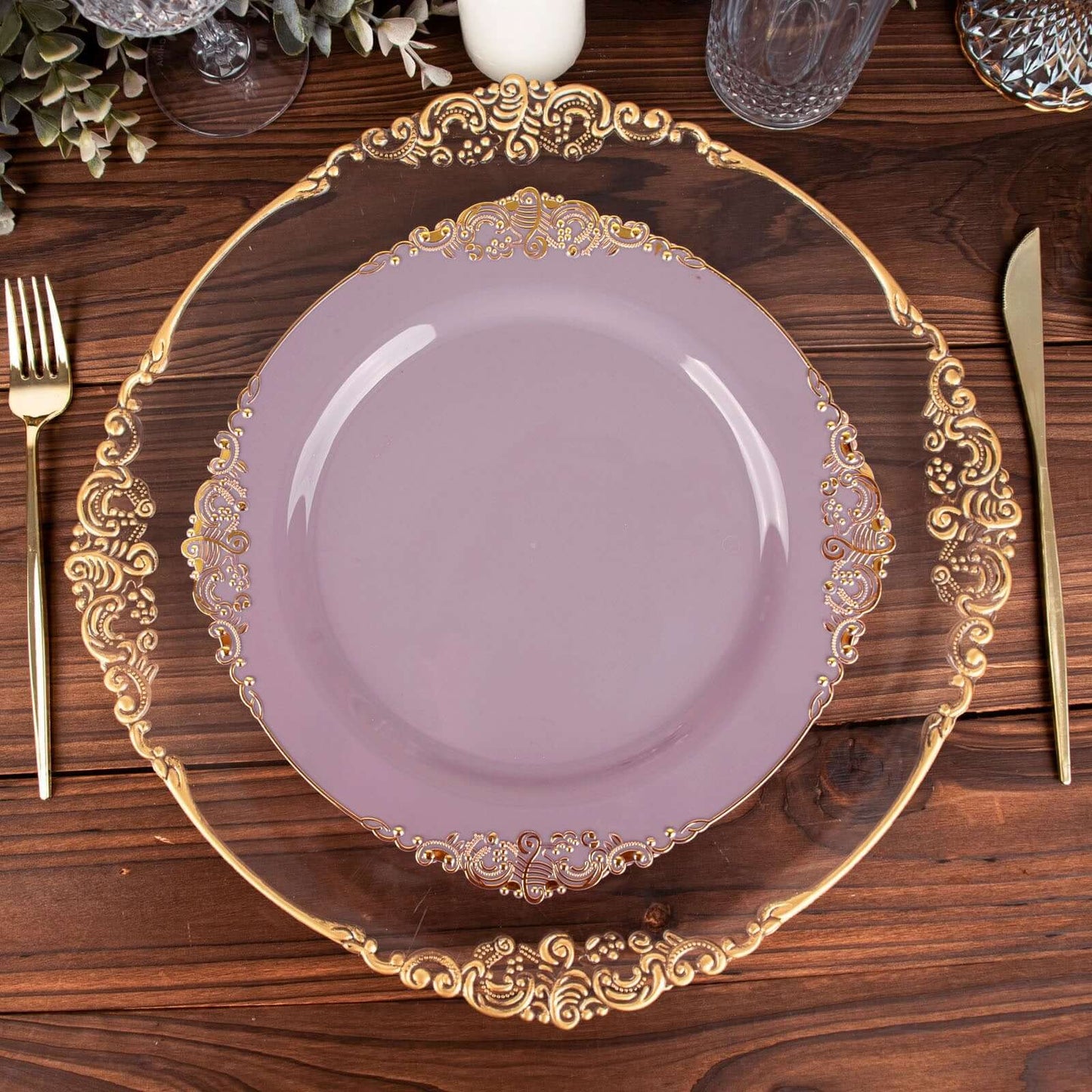 10-Pack Plastic 10" Round Dinner Plates in Lavender Lilac with Gold Leaf Embossed Rim - Disposable Vintage Baroque Style Plates