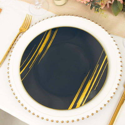 10-Pack Plastic 10" Round Dinner Plates in Navy Blue with Gold Brush Stroked Print - Disposable Party Dinnerware