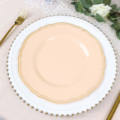 10-Pack Plastic 10" Dinner Plates in Nude with Gold Scalloped Rim - Disposable Large Party Plates