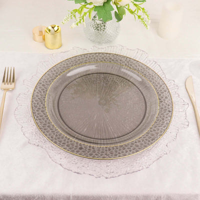 10-Pack Plastic 10" Round Dinner Plates in Opaque Black Hammered Design with Gold Rim - Disposable Party Plates for Chic Banquets & Special Occasions
