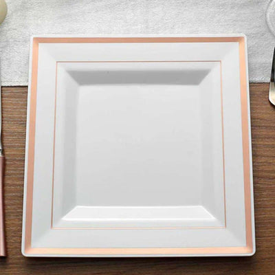 10-Pack Plastic Dinner Plates White Square with Rose Gold Trim - Lightweight Disposable Plates for Events 10"
