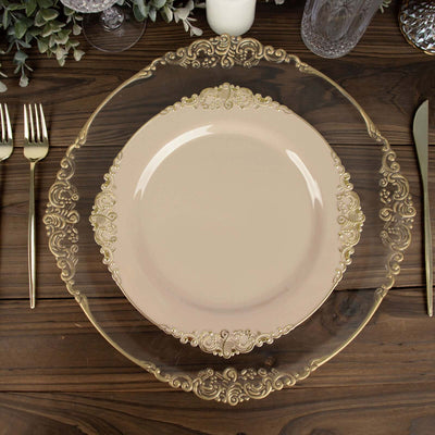 10-Pack Plastic 10" Round Dinner Plates in Taupe with Gold Leaf Embossed Rim - Disposable Vintage Baroque Style Plates