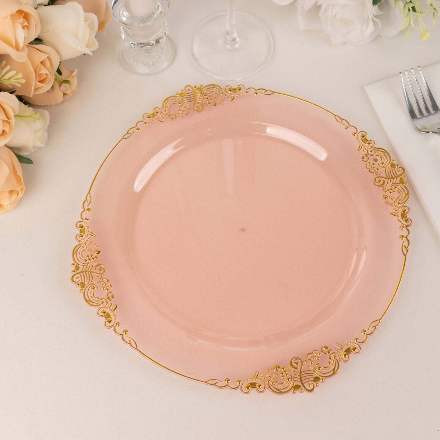 10-Pack Plastic 10" Round Dinner Plates in Transparent Blush with Gold Leaf Embossed Rim - Disposable Vintage Baroque Style Plates