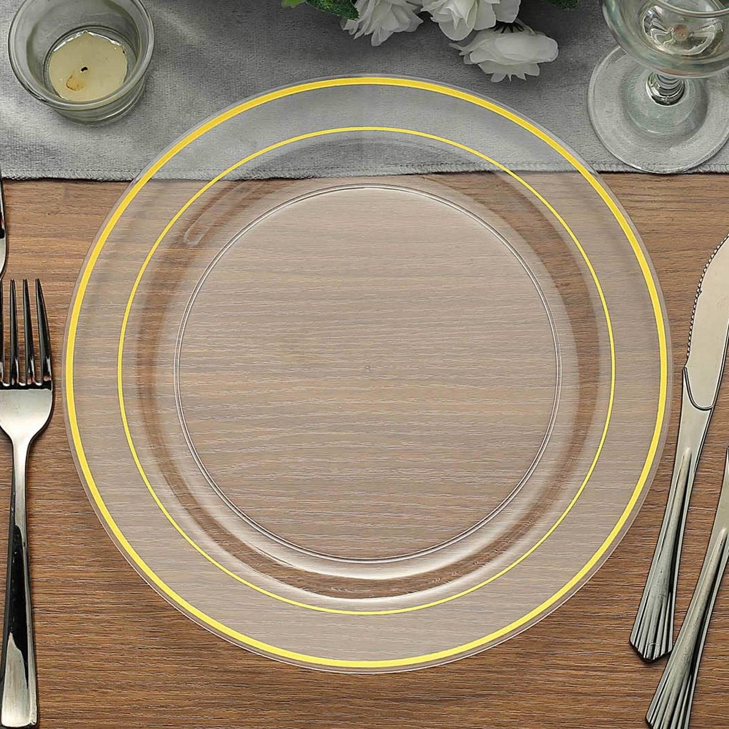 10-Pack Plastic Dinner Plates Clear with TrÃ¨s Chic Gold Rim - Perfect Disposable Party Plates 10"