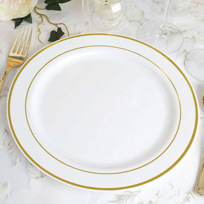 10-Pack Plastic Dinner Plates White with TrÃ¨s Chic Gold Rim - Perfect Disposable Party Plates 10"