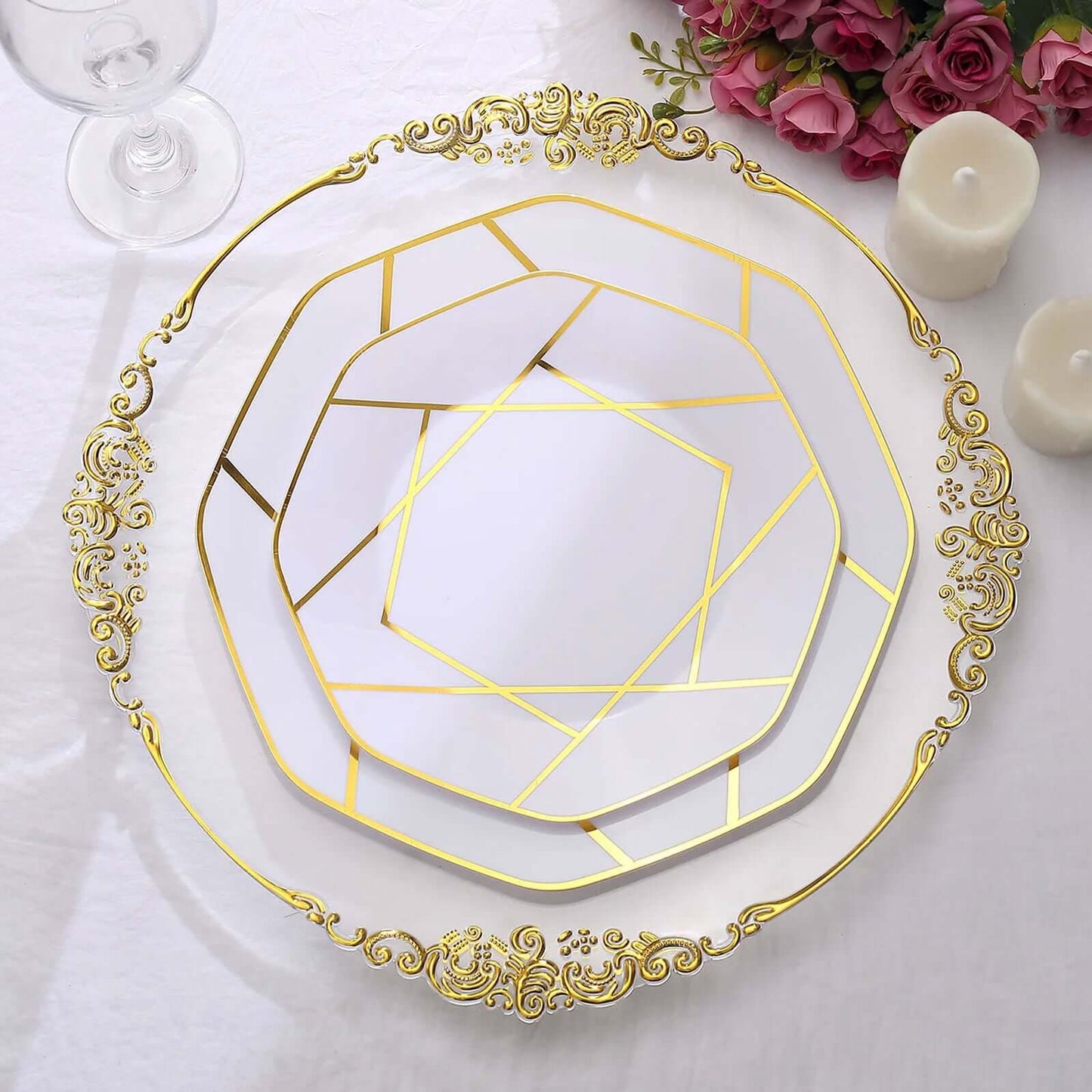 10-Pack Plastic 10" Octagon Dinner Plates in White - Modern Disposable Party Plates with Gold Geometric Design for Special Occasions & Celebrations