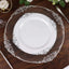 10-Pack Plastic 10" Round Dinner Plates in White with Silver Leaf Embossed Rim - Disposable Vintage Baroque Style Plates