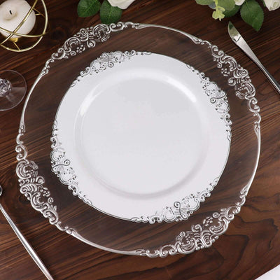 10-Pack Plastic 10" Round Dinner Plates in White with Silver Leaf Embossed Rim - Disposable Vintage Baroque Style Plates